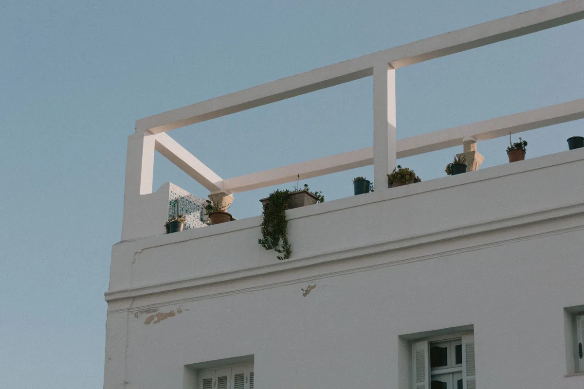 Azotea de un edificio blanco con macetas y una estructura de vigas bajo un cielo azul despejado